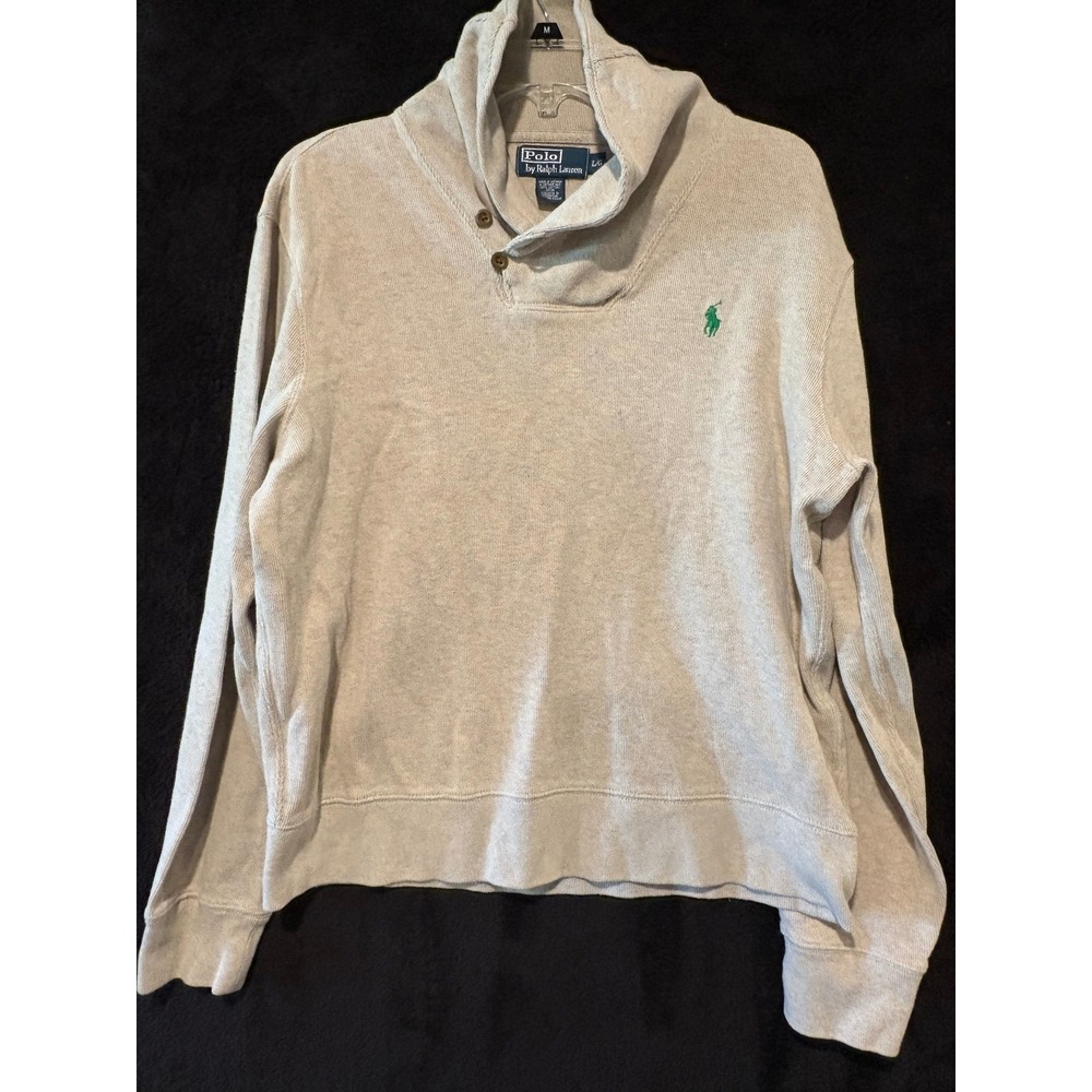 Polo Ralph Lauren Shawl‑Collar‎ Pullover Sweater Large Cotton Oatmeal Green Pony